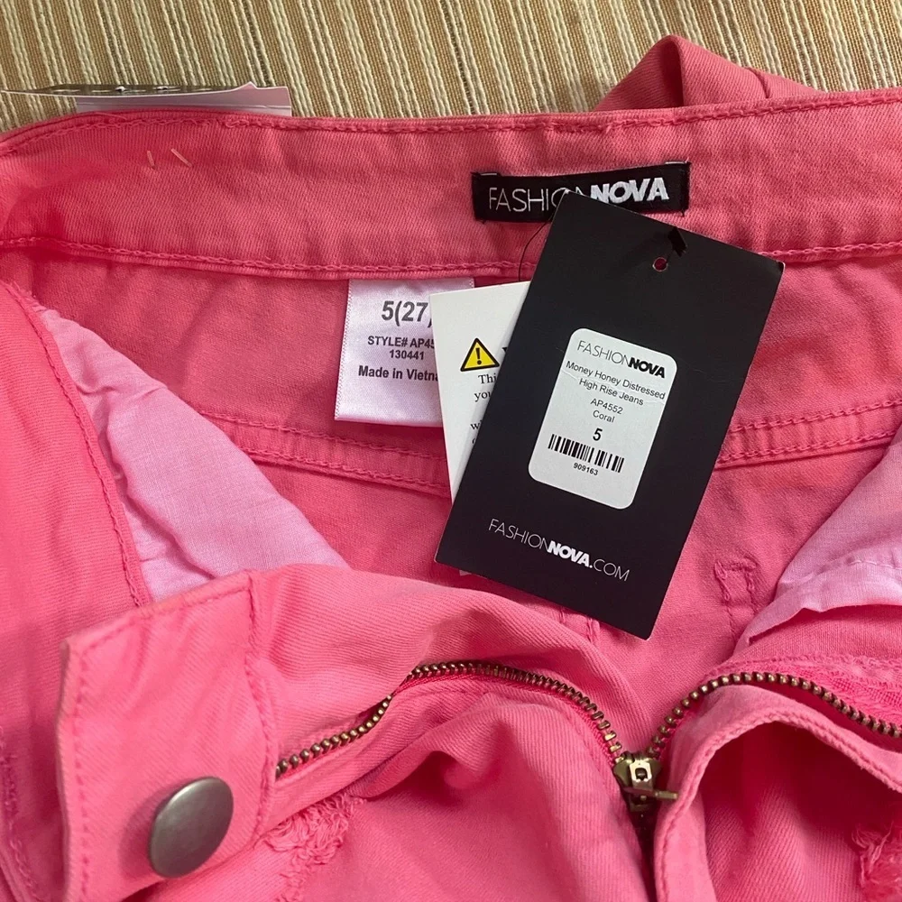 fashion nova money honey 5 distressed pink coral jeans skinny cargo pocket rip - Picture 5 of 7